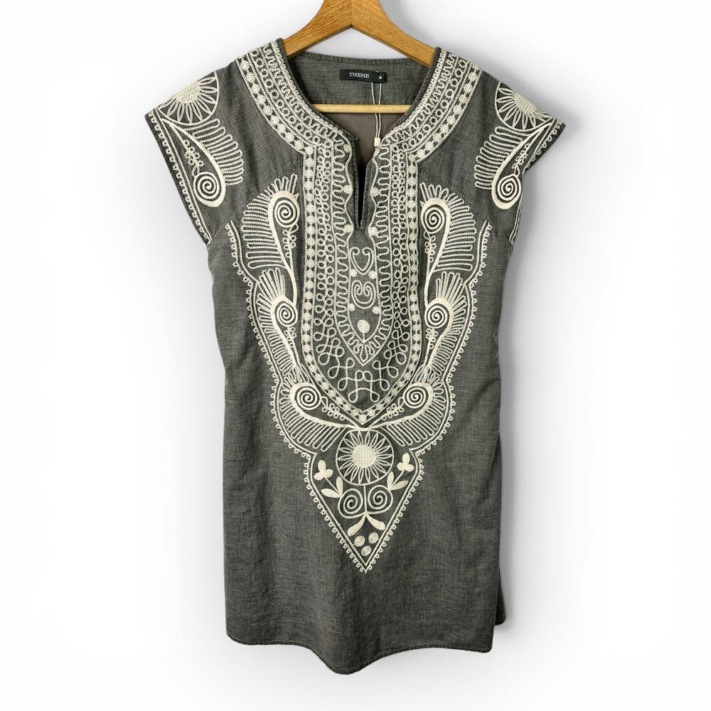 Theme Bohemian Gray Linen Blend Embroidered Tunic Dress Women’s Size Medium